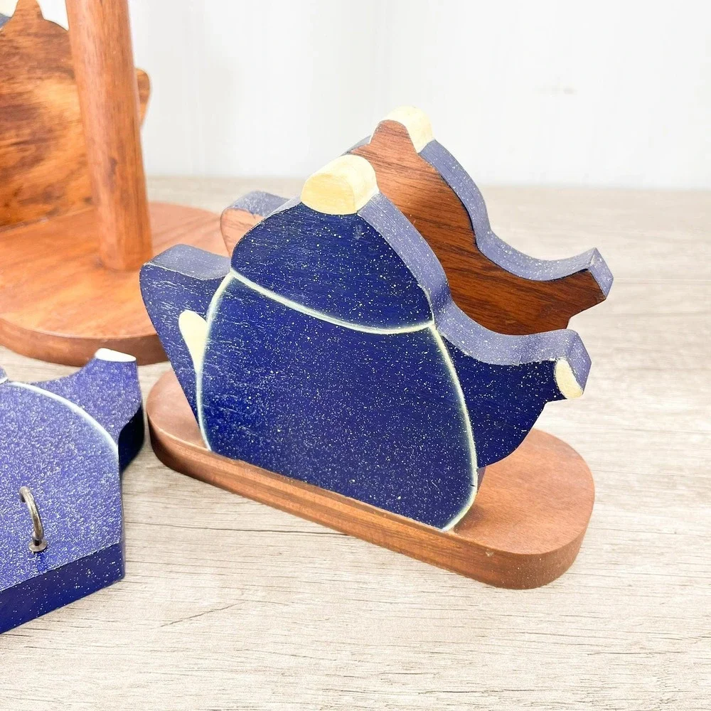 Blue Teapot Kitchen Decor Set:‎ Paper Towel & Napkin Holder, Oven Mitt Hook